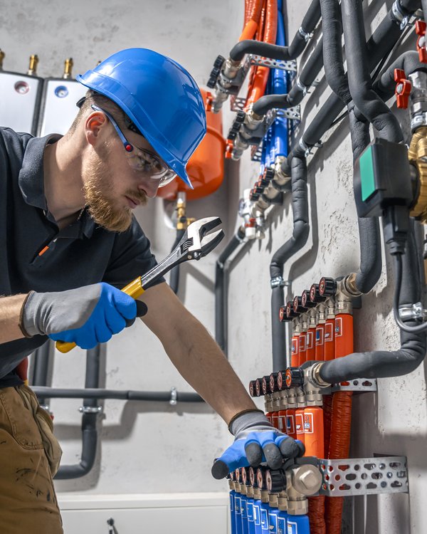 Plumbing technician working on pipes